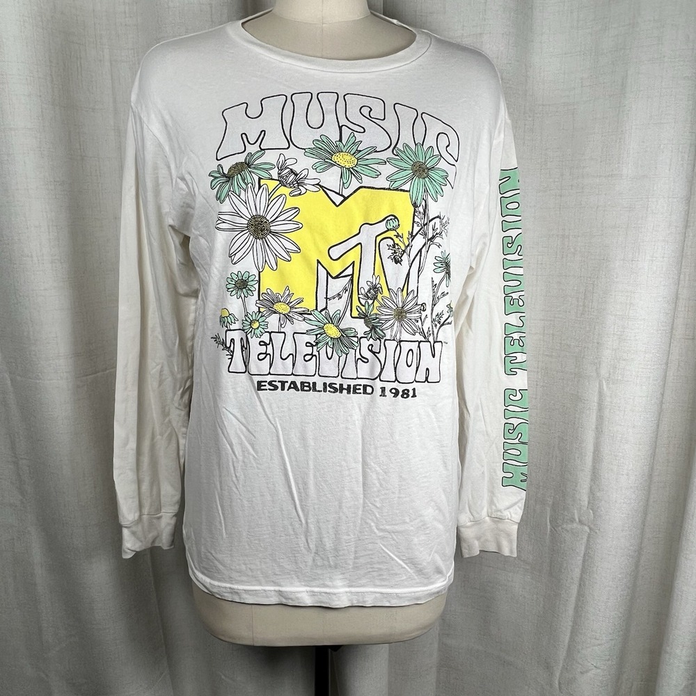 MTV Cream Graphic Print Long Sleeve T-Shirt Floral Estab 1981 Womens Large